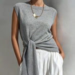 ElevenOra Chic Elegant Gray Round-Neck Sleeveless Rib Detail Tie-Waist Loose-Fit Knit Vest Top