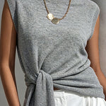 ElevenOra Chic Elegant Gray Round-Neck Sleeveless Rib Detail Tie-Waist Loose-Fit Knit Vest Top