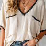 ElevenOra Chic Elegant Beige V-Neck Short-Sleeve Black Trim Detail  Patch Pockets Oversize Knit Sweater Top