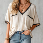 ElevenOra Chic Elegant Beige V-Neck Short-Sleeve Black Trim Detail  Patch Pockets Oversize Knit Sweater Top