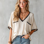 ElevenOra Chic Elegant Beige V-Neck Short-Sleeve Black Trim Detail  Patch Pockets Oversize Knit Sweater Top