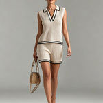 ElevenOra Chic Elegant Beige-Black Colorblock Lapel V-Neck Vest Elastic-Waist Shorts Slim-Fit Ribbed Knit Two-Piece Set