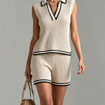 ElevenOra Chic Elegant Beige-Black Colorblock Lapel V-Neck Vest Elastic-Waist Shorts Slim-Fit Ribbed Knit Two-Piece Set
