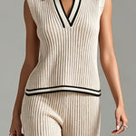 ElevenOra Chic Elegant Beige-Black Colorblock Lapel V-Neck Vest Elastic-Waist Shorts Slim-Fit Ribbed Knit Two-Piece Set