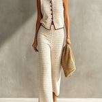 ElevenOra Chic Elegant Beige Round-Neck Single-Breasted Vest Elastic-Waist Wide-Leg Pants Red Trim Detail Slim-Fit Knit Two-Piece Set