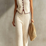 ElevenOra Chic Elegant Beige Round-Neck Single-Breasted Vest Elastic-Waist Wide-Leg Pants Red Trim Detail Slim-Fit Knit Two-Piece Set
