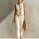 ElevenOra Chic Elegant Beige Round-Neck Single-Breasted Vest Elastic-Waist Wide-Leg Pants Red Trim Detail Slim-Fit Knit Two-Piece Set