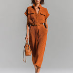 ElevenOra Chic Elegant Orange Stand-Collar Single-Breasted Belted-Waist Multi-Pockets Loose-Fit Ribbed Knit Midi Dress