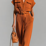 ElevenOra Chic Elegant Orange Stand-Collar Single-Breasted Belted-Waist Multi-Pockets Loose-Fit Ribbed Knit Midi Dress
