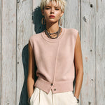 ElevenOra Chic Elegant Light Pink Round-Neck Sleeveless Button-Front Loose-Fit Ribbed Knit Vest Top