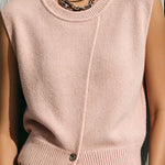 ElevenOra Chic Elegant Light Pink Round-Neck Sleeveless Button-Front Loose-Fit Ribbed Knit Vest Top