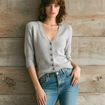 ElevenOra Chic Elegant Gray V-Neck Single-Breasted Half-Sleeve Button-Front Slim-Fit Ribbed Knit Cardigan Top