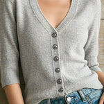 ElevenOra Chic Elegant Gray V-Neck Single-Breasted Half-Sleeve Button-Front Slim-Fit Ribbed Knit Cardigan Top