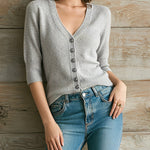 ElevenOra Chic Elegant Gray V-Neck Single-Breasted Half-Sleeve Button-Front Slim-Fit Ribbed Knit Cardigan Top