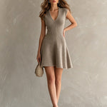 ElevenOra Chic Elegant Light Brown V-Neck Sleeveless Tailored-Waist A-Line Slim-Fit Ribbed Knit Mini Dress