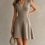 ElevenOra Chic Elegant Light Brown V-Neck Sleeveless Tailored-Waist A-Line Slim-Fit Ribbed Knit Mini Dress