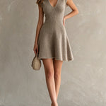 ElevenOra Chic Elegant Light Brown V-Neck Sleeveless Tailored-Waist A-Line Slim-Fit Ribbed Knit Mini Dress