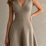 ElevenOra Chic Elegant Light Brown V-Neck Sleeveless Tailored-Waist A-Line Slim-Fit Ribbed Knit Mini Dress