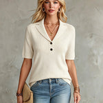 ElevenOra Chic Elegant Beige Button-Up Peaked Collar Short-Sleeve Loose-Fit Ribbed Knit Sweater Top
