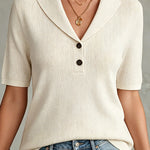 ElevenOra Chic Elegant Beige Button-Up Peaked Collar Short-Sleeve Loose-Fit Ribbed Knit Sweater Top