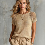 ElevenOra Chic Elegant Camel Round-Neck Hollow-Out Short-Sleeve Loose-Fit Breathable Knit Sweater Top