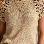 ElevenOra Chic Elegant Camel Round-Neck Hollow-Out Short-Sleeve Loose-Fit Breathable Knit Sweater Top