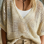 ElevenOra Chic Casual Beige V-Neck Short-Sleeve Hollow-Out Loose-Fit Knit Sweater Top