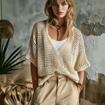 ElevenOra Chic Casual Beige V-Neck Short-Sleeve Hollow-Out Loose-Fit Knit Sweater Top