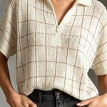 ElevenOra Chic Casual Off White Lapel-Collar Zipper-Up Grid Plaid Short-Sleeve Hollow-Out Loose-Fit Knit Sweater Top