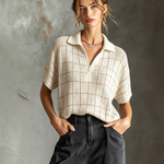 ElevenOra Chic Casual Off White Lapel-Collar Zipper-Up Grid Plaid Short-Sleeve Hollow-Out Loose-Fit Knit Sweater Top