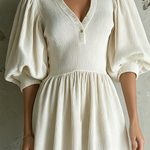 ElevenOra Chic Elegant White V-Neck Button Detail Balloon Sleeve Loose-Fit A-Line Ribbed Knit Mini Dress