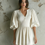 ElevenOra Chic Elegant White V-Neck Button Detail Balloon Sleeve Loose-Fit A-Line Ribbed Knit Mini Dress