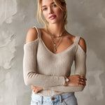 ElevenOra Chic Elegant Oatmeal-Colored V-Neck Cutout Detail Long-Sleeve Slim-Fit Ribbed Knit Sweater Top