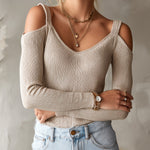 ElevenOra Chic Elegant Oatmeal-Colored V-Neck Cutout Detail Long-Sleeve Slim-Fit Ribbed Knit Sweater Top