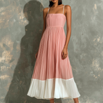 ElevenOra Chic Elegant Blush Pink-White Colorblock Spaghetti Straps  Square Neck Sleeveless Loose-Fit A-Line Pleated Chiffon Midi Dress