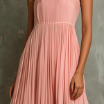 ElevenOra Chic Elegant Blush Pink-White Colorblock Spaghetti Straps  Square Neck Sleeveless Loose-Fit A-Line Pleated Chiffon Midi Dress