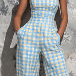 ElevenOra Chic Elegant Light Blue Gingham Check Cotton Blend Spaghetti Straps Square Neck Sleeveless Tailored-Waist Loose-Fit Wide-Leg Cropped Jumpsuit
