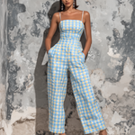 ElevenOra Chic Elegant Light Blue Gingham Check Cotton Blend Spaghetti Straps Square Neck Sleeveless Tailored-Waist Loose-Fit Wide-Leg Cropped Jumpsuit