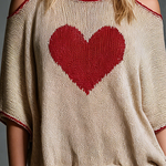 ElevenOra Chic Casual Beige Heart Jacquard Cold Shoulder Round-Neck Contrast Trim Short-Sleeve Loose-Fit Knit Sweater Top