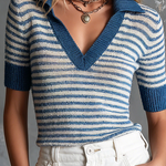 ElevenOra Chic Casual Dusty Blue-White Stripes Lapel V-Neck Short-Sleeve Slim-Fit Knit Sweater Top