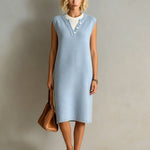 ElevenOra Chic Elegant Blue-White Colorblock Faux Layer Detail Round-Neck Sleeveless Loose-Fit Ribbed Knit Midi Dress
