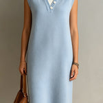 ElevenOra Chic Elegant Blue-White Colorblock Faux Layer Detail Round-Neck Sleeveless Loose-Fit Ribbed Knit Midi Dress