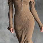 ElevenOra Chic Elegant Camel Spaghetti Straps Zipper-Up Long Sleeve Asymmetrical Ruffle Flared Hem Slim-Fit Ribbed Knit Midi Dress