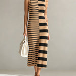 ElevenOra Chic Elegant Camel-Black Colorblock Stripes Round-Neck Sleeveless H-shaped Knit Midi Dress