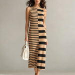 ElevenOra Chic Elegant Camel-Black Colorblock Stripes Round-Neck Sleeveless H-shaped Knit Midi Dress