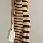 ElevenOra Chic Elegant Camel-Black Colorblock Stripes Round-Neck Sleeveless H-shaped Knit Midi Dress