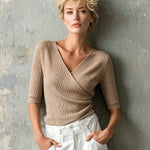 ElevenOra Chic Elegant Camel V-Neck Half-Sleeve Pleats Detail Button-Front Slim-Fit Ribbed Knit Sweater Top