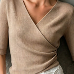 ElevenOra Chic Elegant Camel V-Neck Half-Sleeve Pleats Detail Button-Front Slim-Fit Ribbed Knit Sweater Top