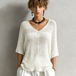 ElevenOra Chic Elegant Cream White V-Neck Half-Sleeve Patchwork Detail Loose-Fit Mesh Knit Sweater Top