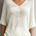 ElevenOra Chic Elegant Cream White V-Neck Half-Sleeve Patchwork Detail Loose-Fit Mesh Knit Sweater Top